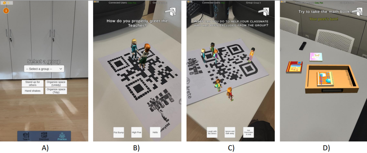 4 images with VR people on top of a QR performing the actions described below